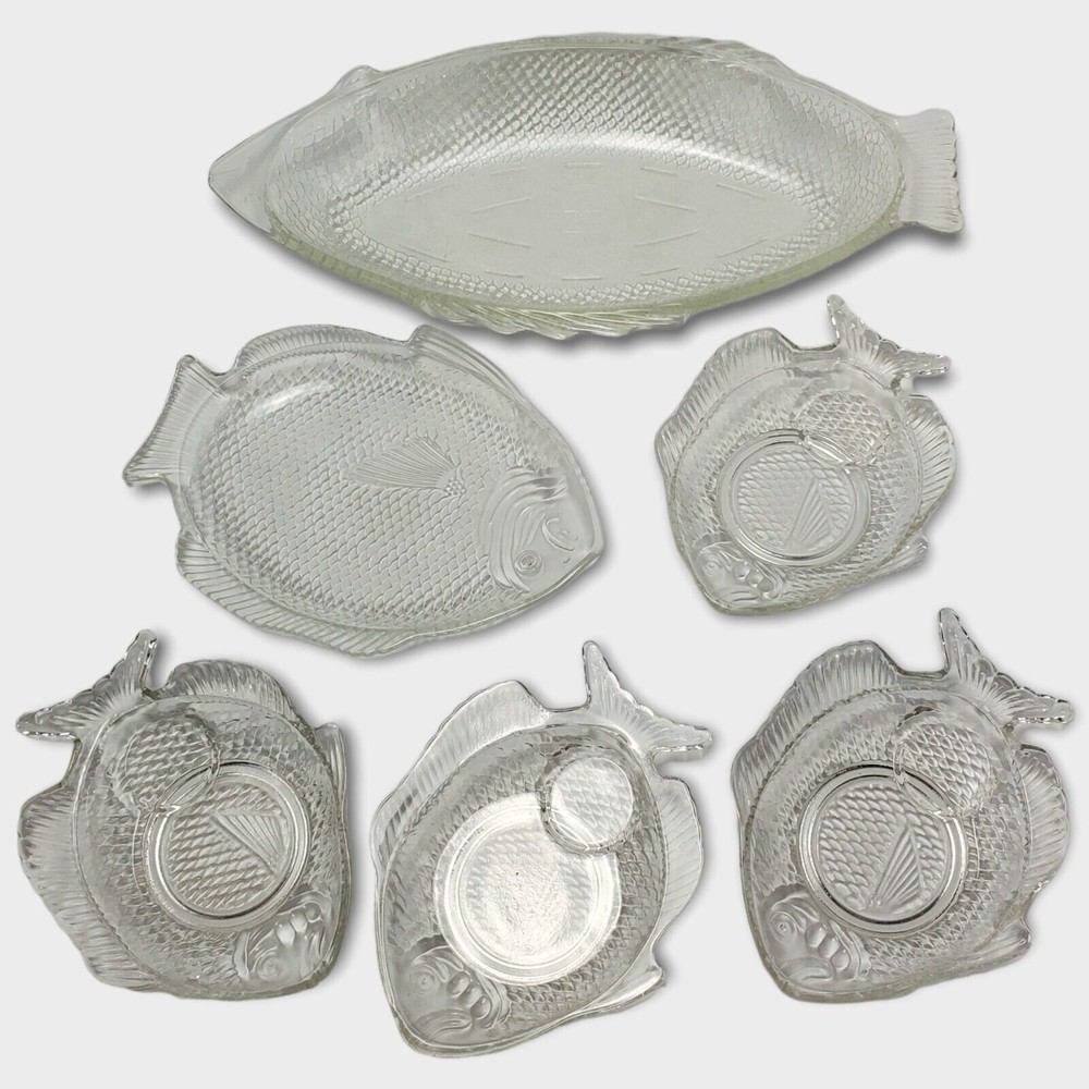 Lot of 6 Vintage Clear Glass Fish Shaped Baking And Serving Dish